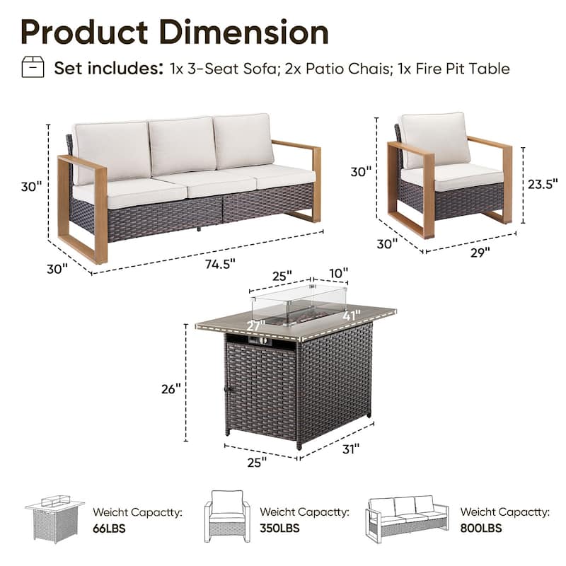 Pocassy Fire Pit Table with Outdoor Sofa Chair Ottoman Set