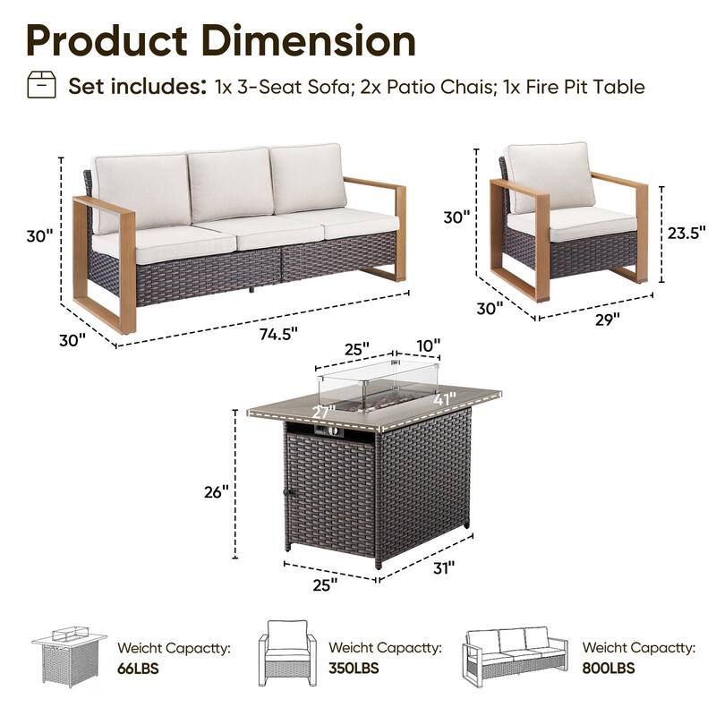 Pocassy Outdoor Wicker Sofa Patio Chair with Fire Table Set