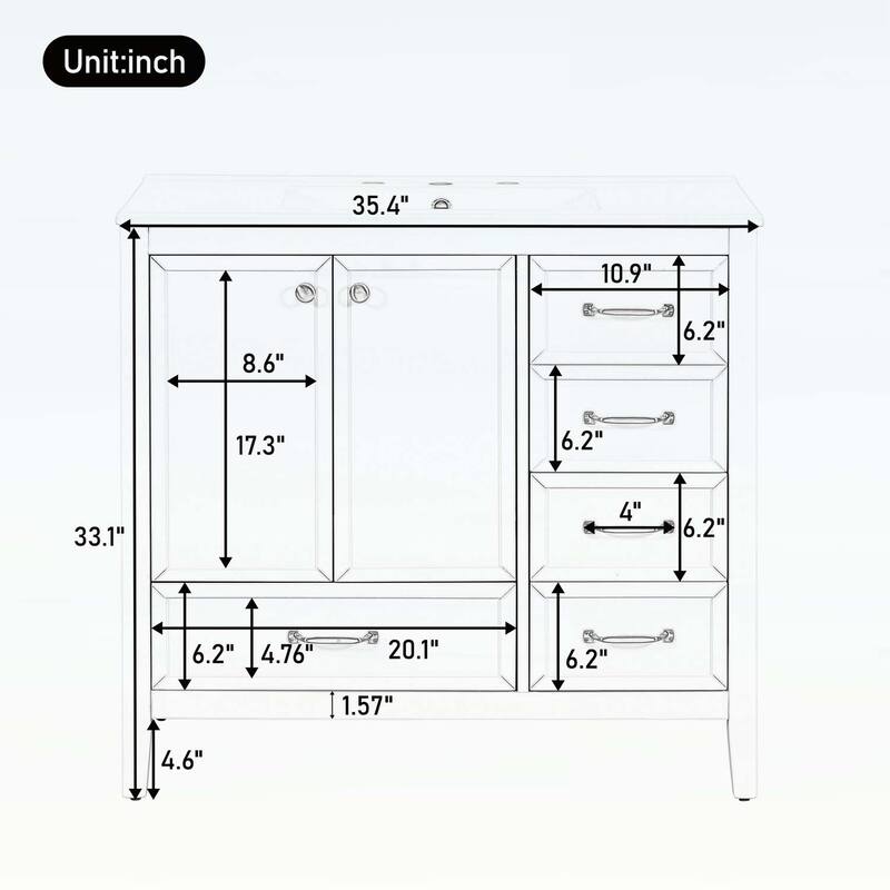 36-Inch Bathroom Vanity with Soft-Closing Drawers,Ceramic Sink,and Wood Frame