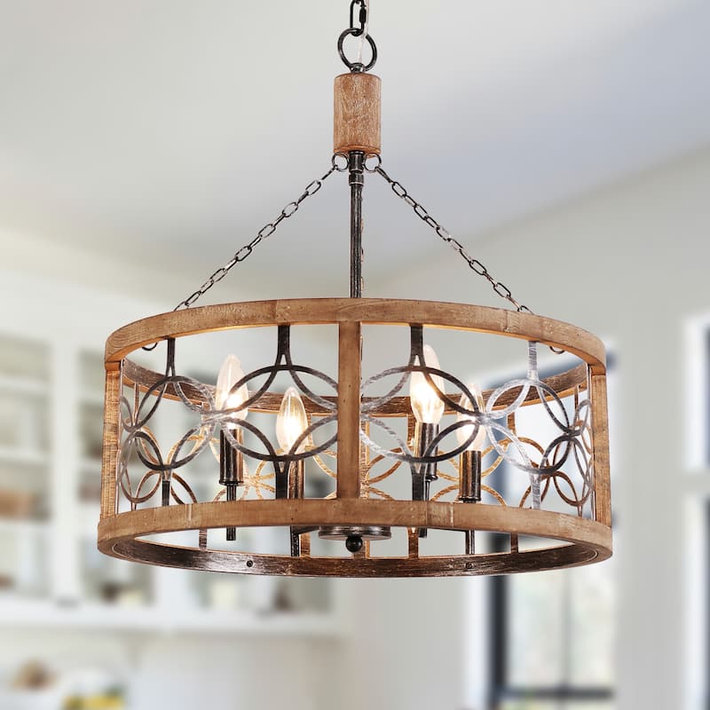 Cusp Barn 4-Light Rustic Wood Chandelier Shabby Hanging Lamp Farmhouse Drum Pendant Light Fixtures for Entryway
