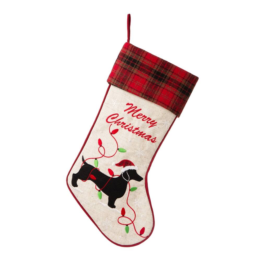 Glitzhome 21"L Embroidered Linen Red Truck Dachshund Christmas Stocking