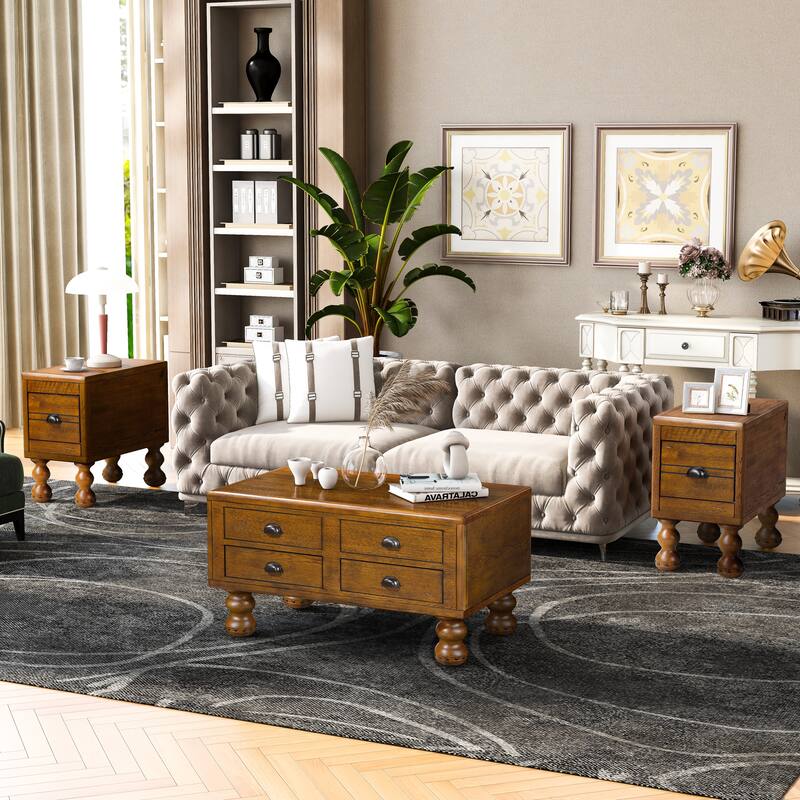 Solid Wood End Table, Rectangle 23.6 inch Narrow Side Table with Drawer, Vintage Bedside