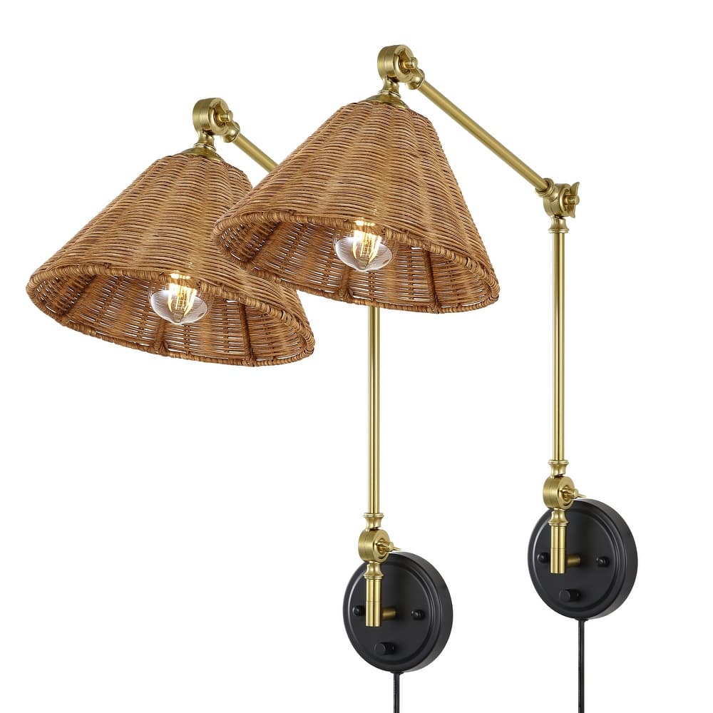 WINGBO Gold Rattan Swing Arm Wall Lamp Set of 2 Adjustable Wall Mounted Sconce