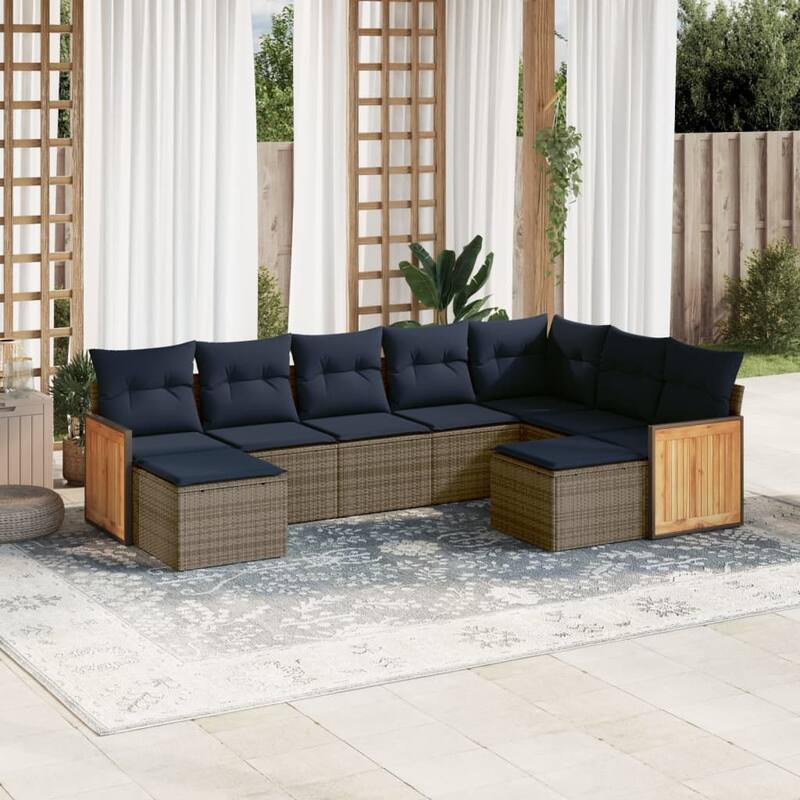 vidaXL 9/10 Piece Patio Sofa Set with Cushions Black/Gray Poly Rattan - 21.7 x 24.4 x 27.2 - Gray Without table