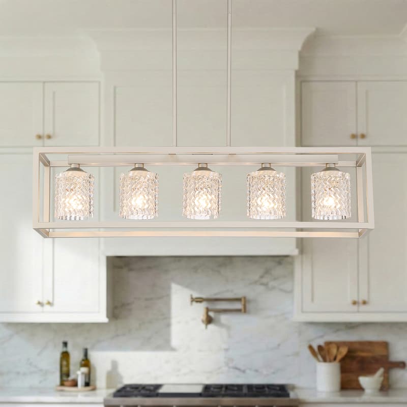 Modern Glam 5-light 37in Kitchen Island Lights Crystal Rectangle Chandelier - NickelDust
