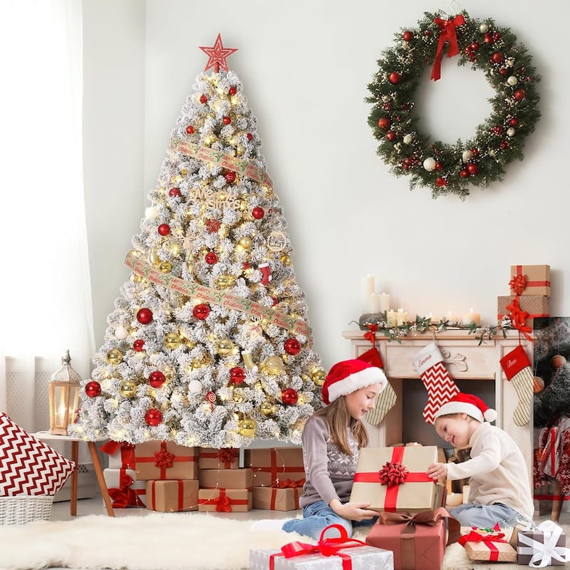 6FT Flocked Artificial Christmas Tree, Prelit with 250 Lights, 8 Light Modes, Easy On/Off Foot Pedal, Foldable Stand