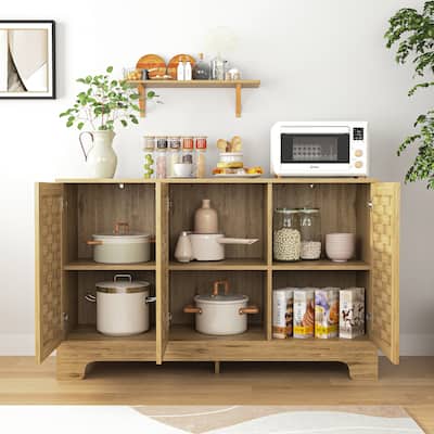 3 Woven Door Storage Cabinet Buffet Sideboard with Adjustable Shelf, Accent TV Cabinet Console Table for Living Room Hallway