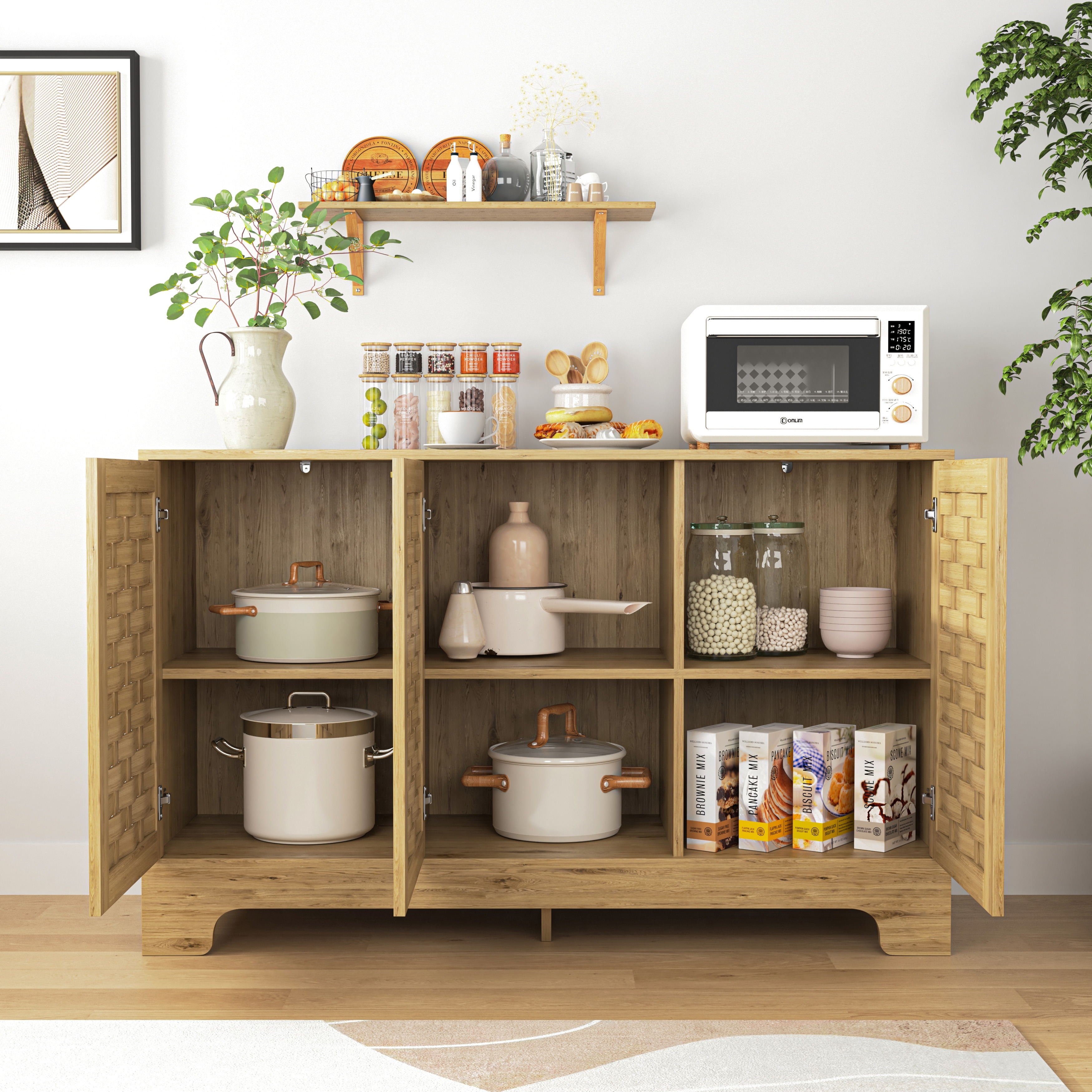Sideboard Buffet Cabinet with 3 Woven Doors, Kitchen Wooden Storage Cabinet, Entryway Table with Adjustable Shelves