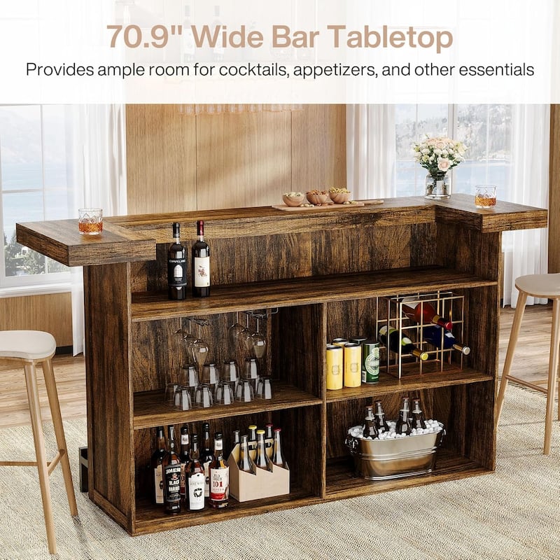 4-Tier Wooden Bar Table, 70.9" Large Home Bar Unit with Storage Shelves for Home, Patio, Basement