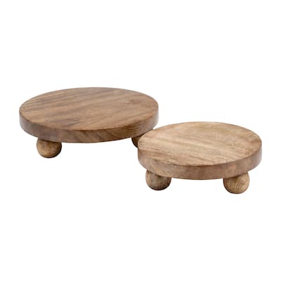 Sagebrook Home Natural Round Wood Set Of 2 Riser Trays - 10.0" x 10.0" x 3.0"