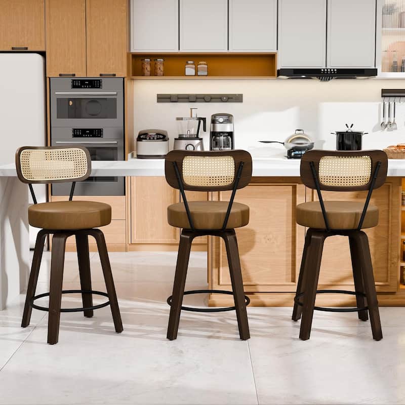XINMICS 26 Inches Swivel Counter Height Bar Stools with PE Rattan Back, Faux Leather Upholstered Bar Chairs, Set of 2/3/4 - Set of 3 - Brown - Counter Height