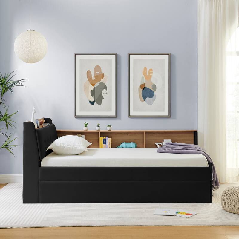Twin Size Adjustable Velvet Day Bed with Storage, Trundle, LED Lights, and Wireless Charging