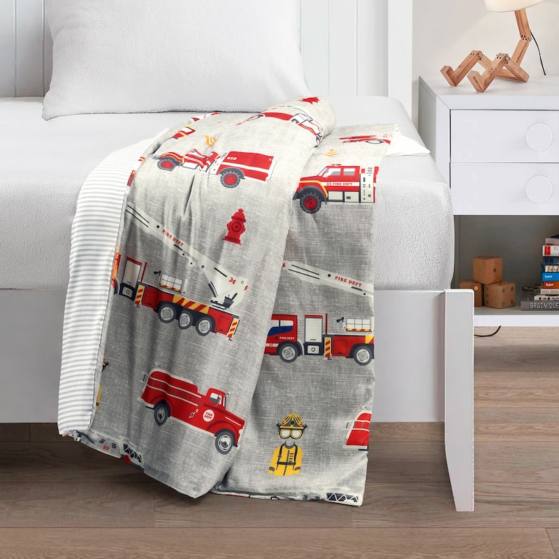 Lush Decor Fire Truck Kids Washable Reversible Weighted Blanket 2Pc - 60" x 40" - Red/Gray