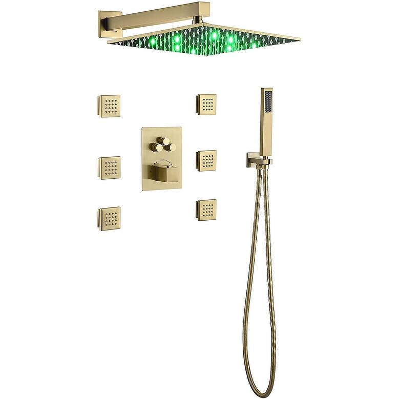 12" LED Wall Rainfall Shower 3 Way Thermostatic Faucet System w/ 6 Body Jets - Polished Gold