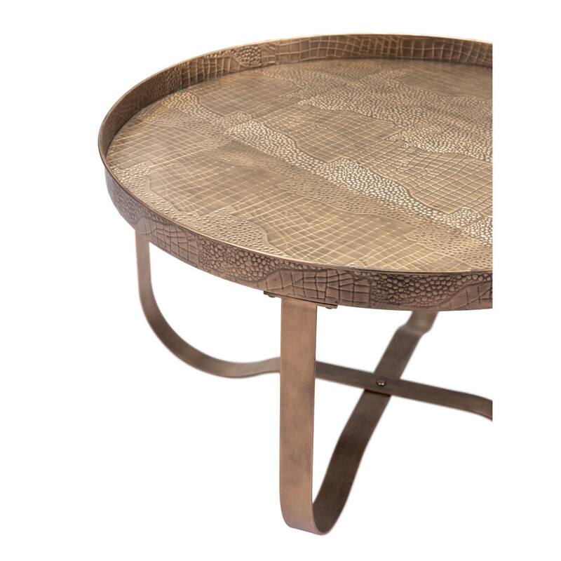 HomeRoots 30" Brass Steel Faux Croc Cross Legs Round Tray Style Coffee Table - 30.00 in. x 16.90 in. x 30.00 in.