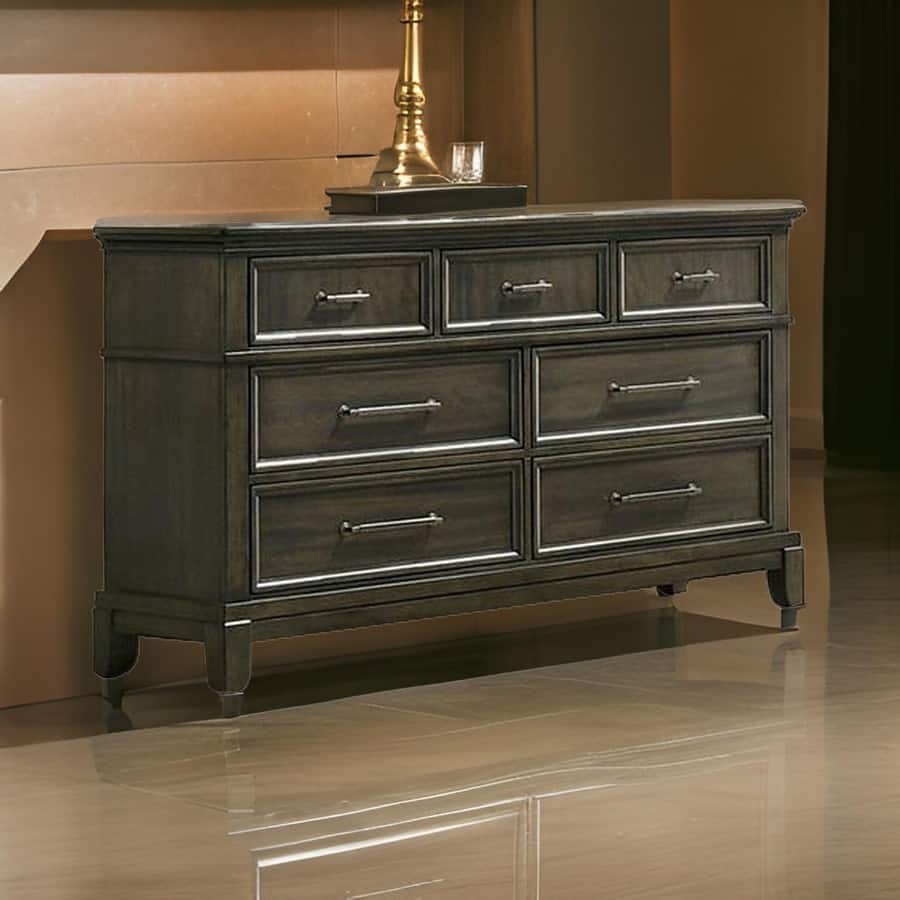 Ston 63 Inch Wide Dresser Chest, 7 Drawers, Pewter Handles, Wood, Gray