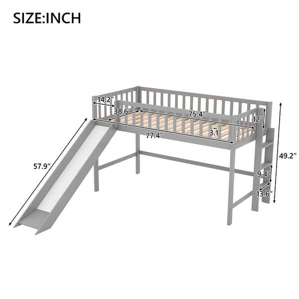 dimension image slide 0 of 2, Twin Size Low Loft Bed with Ladder and Slide