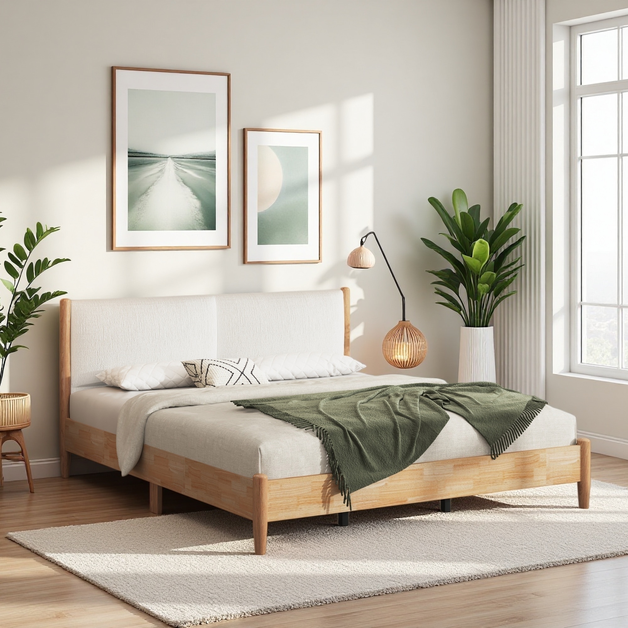 Wood Platform Bed Frame with Upholstered Headboard