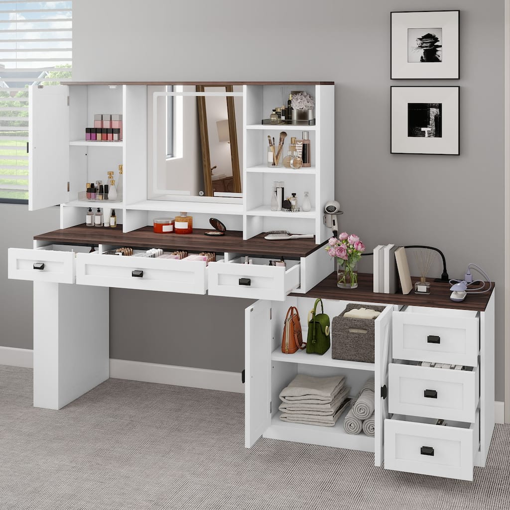 Moasis 47.5"W Farmhouse Makeup Vanity Desk with Mirror and Lights.Dressing Table with 6 Drawers&Power Outlets