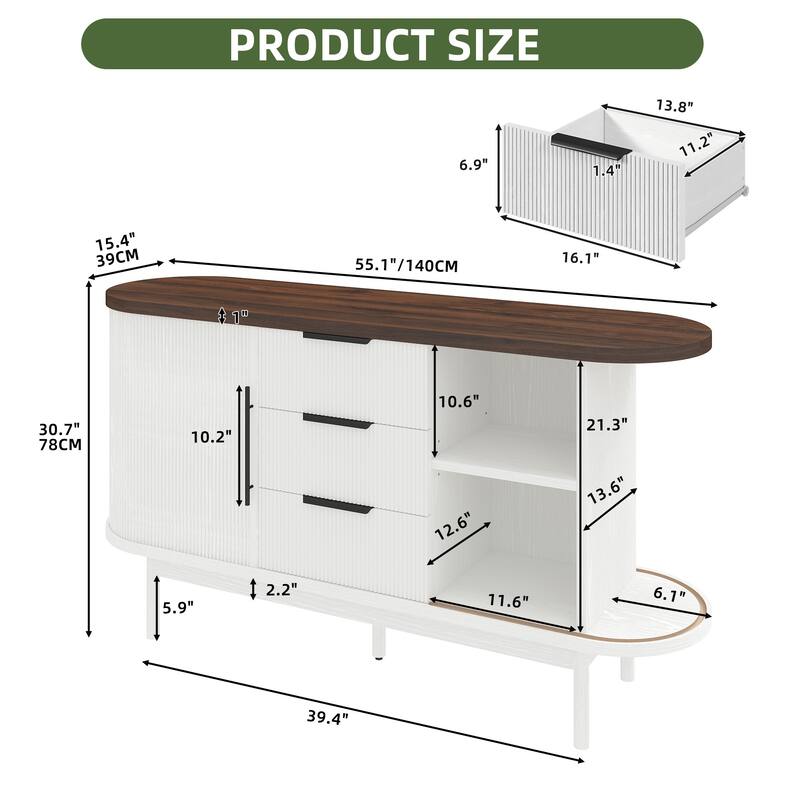Moasis Mid-Century Modern Fluted Sideboard Buffet Cabinet with Sliding Doors and Drawers