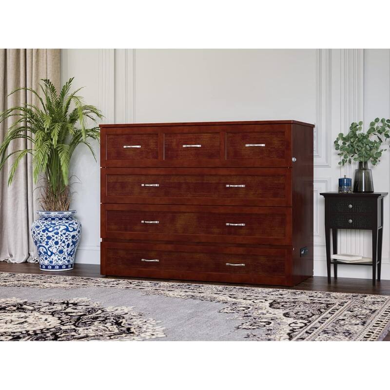 Solid Wood Murphy Bed Chest - Full Size Folding Bed - Space Saving Furniture - Walnut Finish