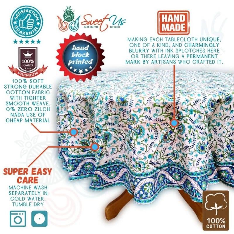 Block Print Tablecloth Round, Floral Vine, Turquoise - Paisley Elephant Blue Green Turquoise