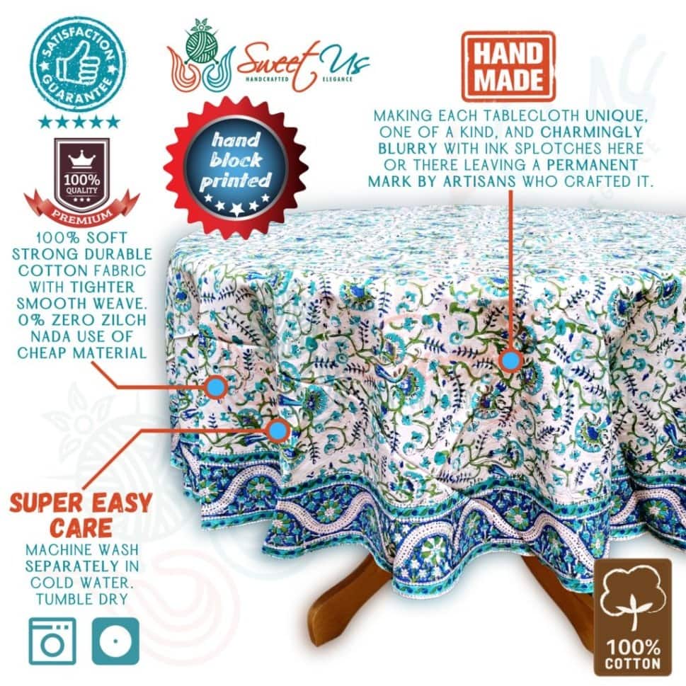 Block Print Tablecloth Round, Floral Vine, Turquoise - Paisley Elephant Blue Green Turquoise