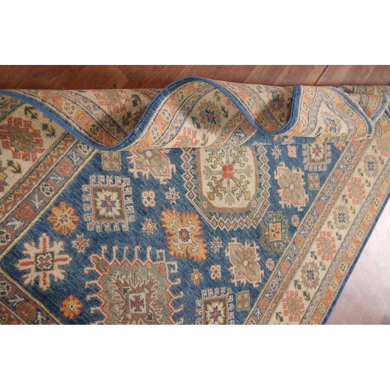 Blue Geometric Kazak Oriental Area Rug Handmade Wool Carpet - 4'0"x 5'10"