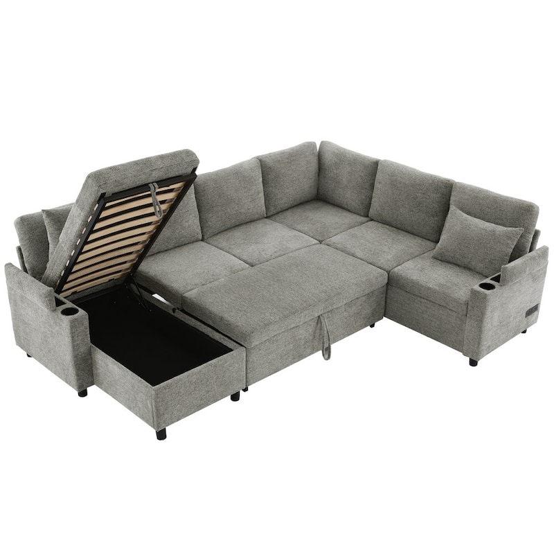 109.9" Modern U-shaped Sleeper Sectional Sofa with Two Cup Holders and Charging Ports