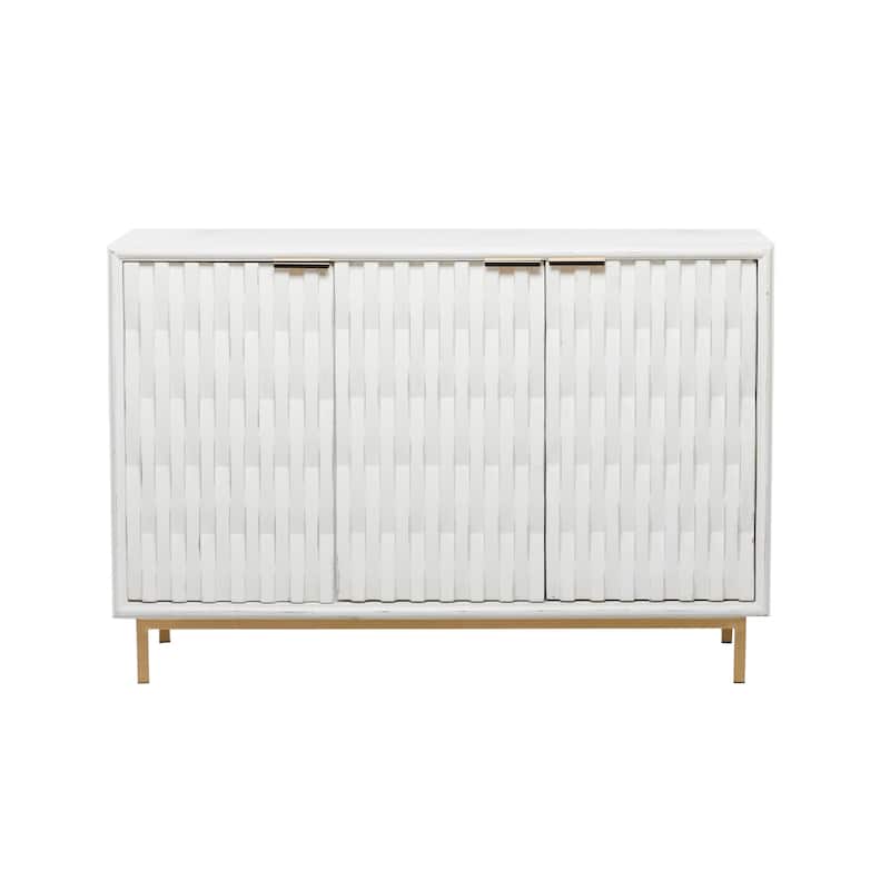 Wooden Geometric Dimensional Textured 3 Door Cabinet with Gold Metal Accents - White - Roche River Decor - 16"W x 47"L x 32"H