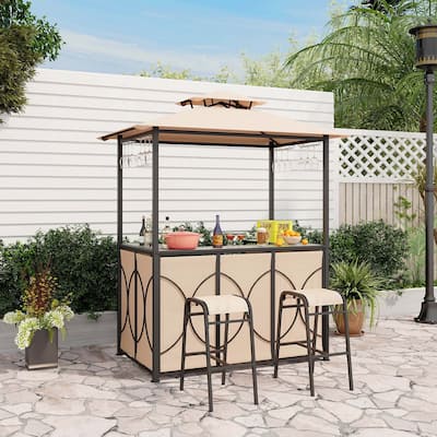 3-Piece Patio Bar Set w/ 2 Stools & Metal Storage BBQ Gazebo Shelter
