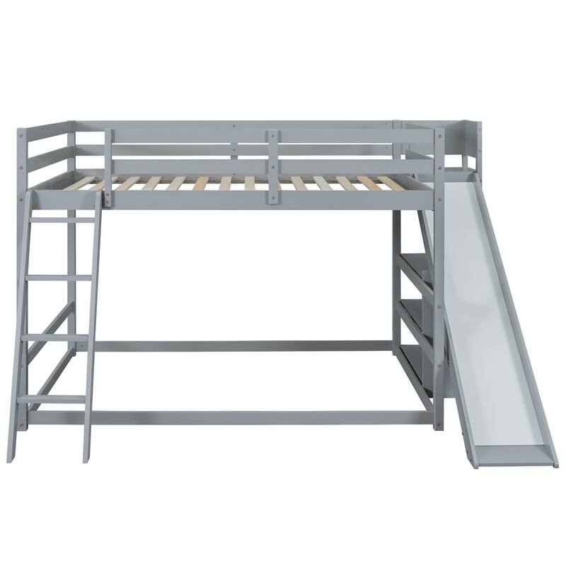 Full Over Full Bunk Bed with Ladder, Slide, and Shelves in Gray