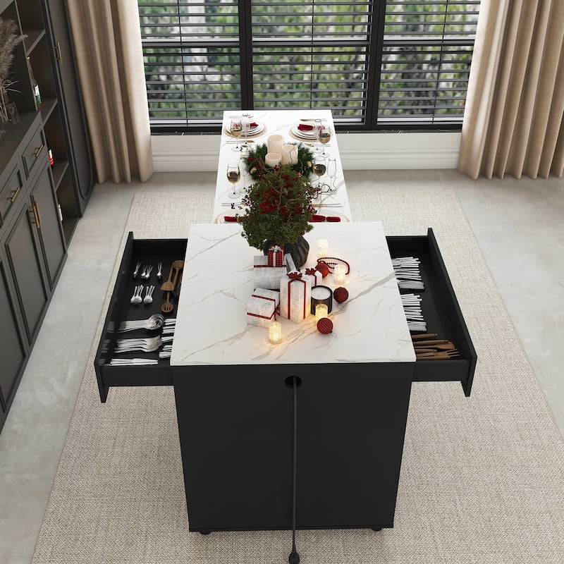 80" Expandable Kitchen Island with Dining Table with Marble-Grain Countertop with Power Outlet