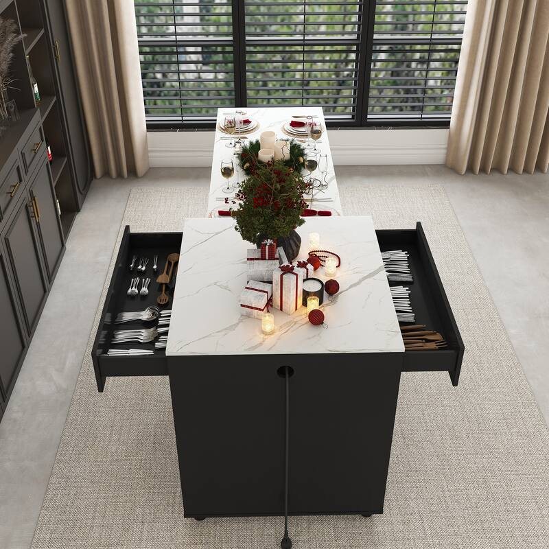 Expandable Kitchen Island with Dining Table, Wood Kitchen Table with Power Outlet, Mobile Storage Cart with 2 Drawers