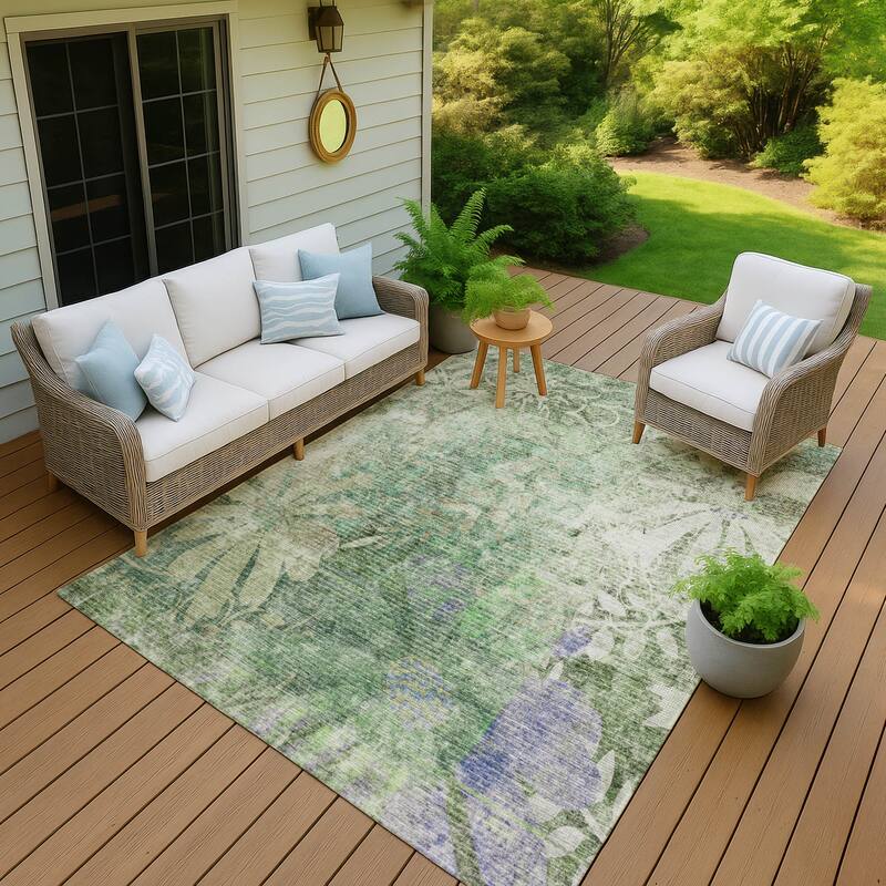 Machine Washable Indoor/ Outdoor Modern Floral Chantille Rug - Teal - 9' x 12'