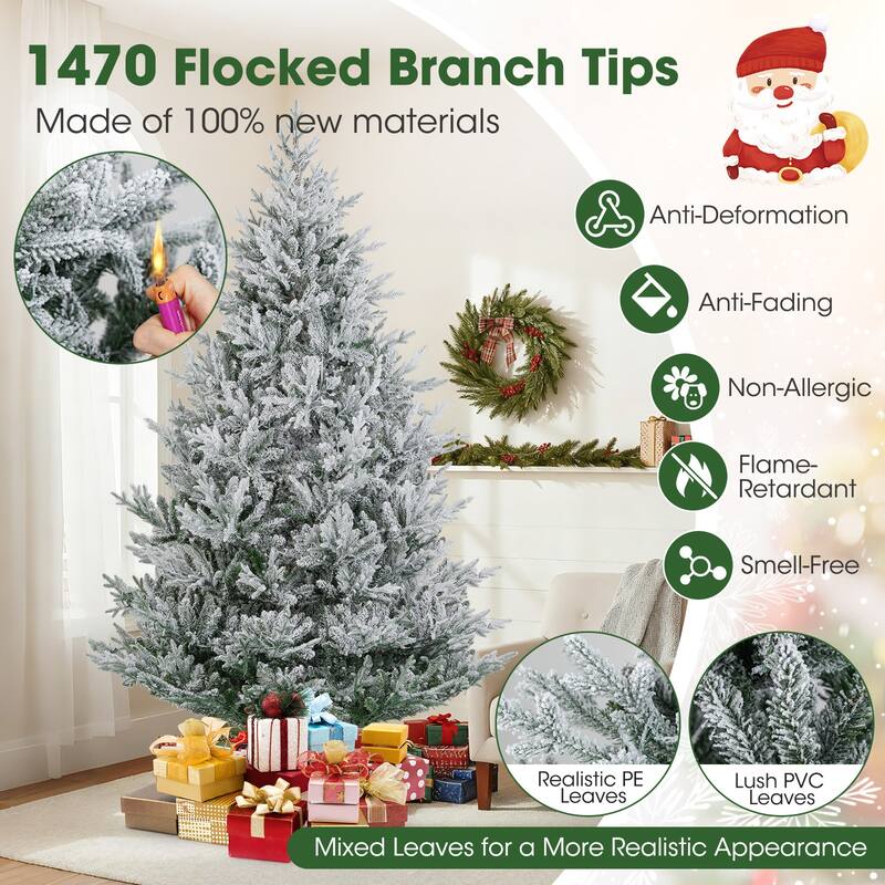Costway 6/7/8 FT Artificial Christmas Tree with 762/1074/1470 Flocked - See Details - White & Green