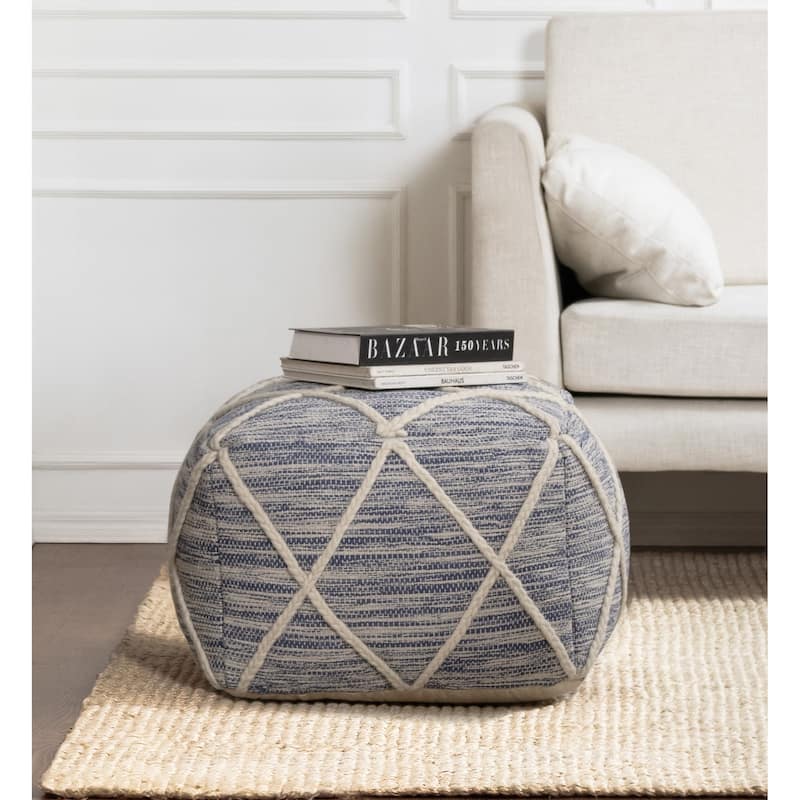 Jani Kirkwood Lake 22-inch Blue Pouf Ottoman - Handmade Footrest for Living Room, Bedroom, Nursery, Kidsroom - Blue & Ivory