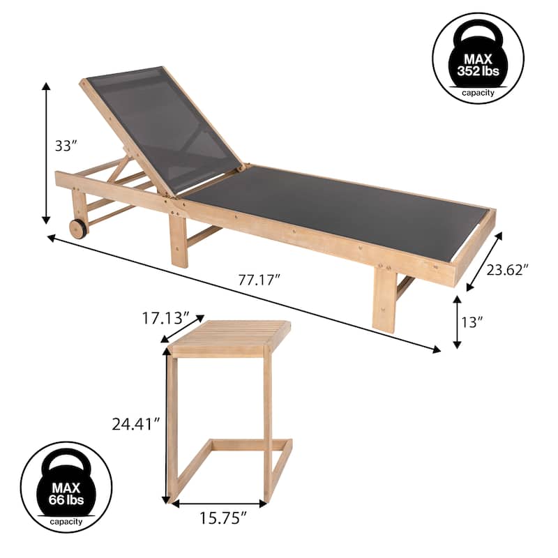 Trabuco Coastal Modern Acacia Wood Mesh 3-Position Outdoor foldable Chaise Lounge Set with Side Table