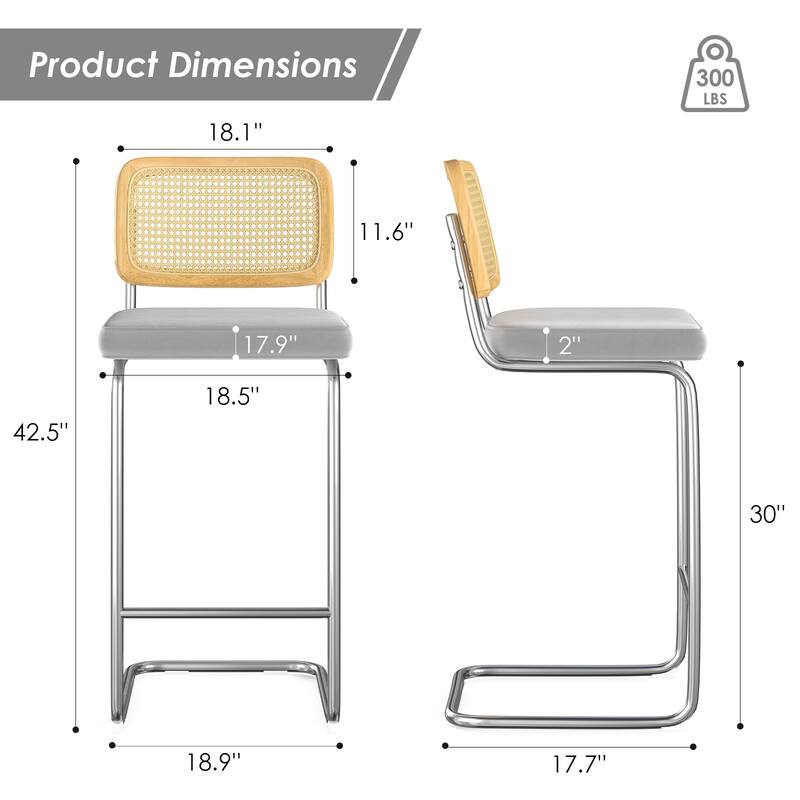 Counter Height Bar Stools Set Of 2, Upholstered Barstools With Rattan Back,30 Inch Stools Armless Bar Chairs