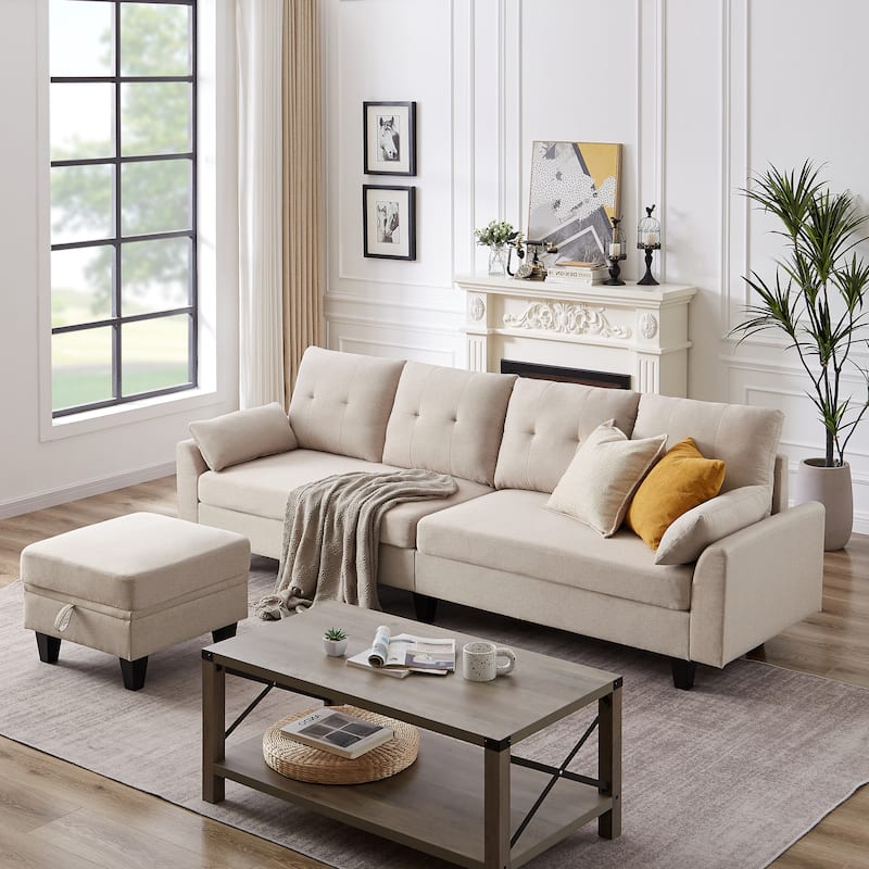 Modular Sectional Sofa Couch L Shaped With Chaise Storage Ottoman and Side Bags For Living Room - Beige