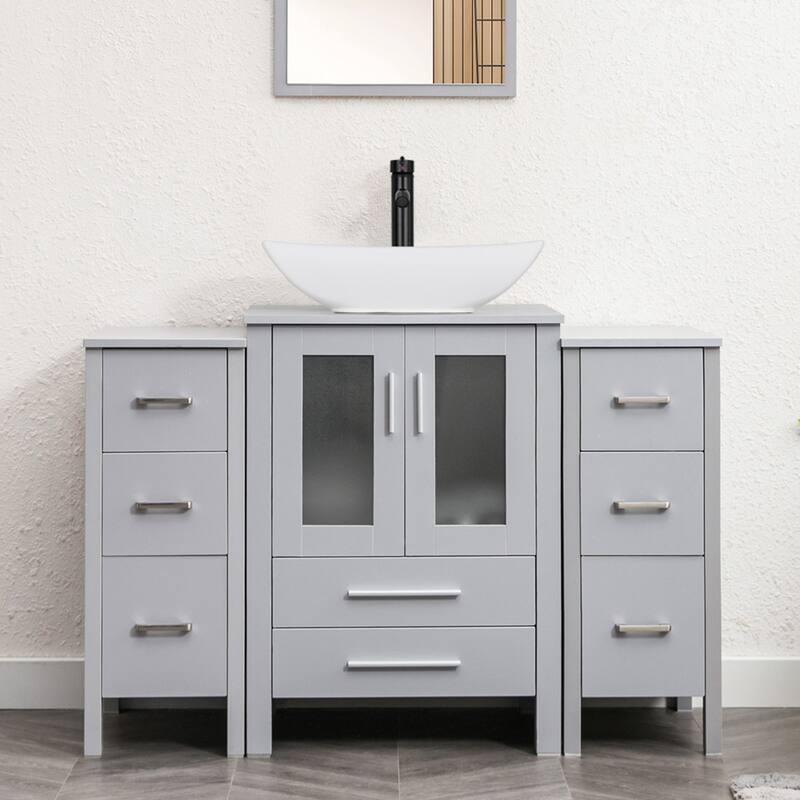 48" Bathroom Vanity Set Vessel Sink Faucet W/ Small Cabinet Combo - white ceramic curved sink - Grey
