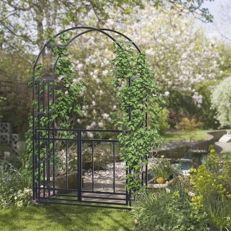 Outsunny 81" Metal Garden Arbor with Double Doors,Locking Gate