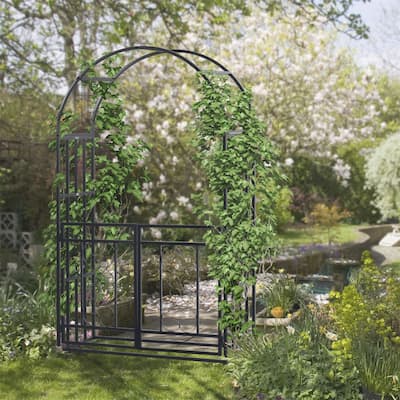 Outsunny 81" Metal Garden Arbor with Double Doors,Locking Gate
