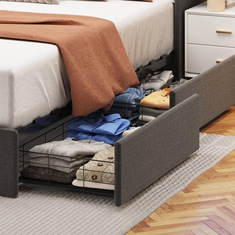 Bed Frame with LED, 4 Under-bed Portable Storage Drawers, Wings Headboard