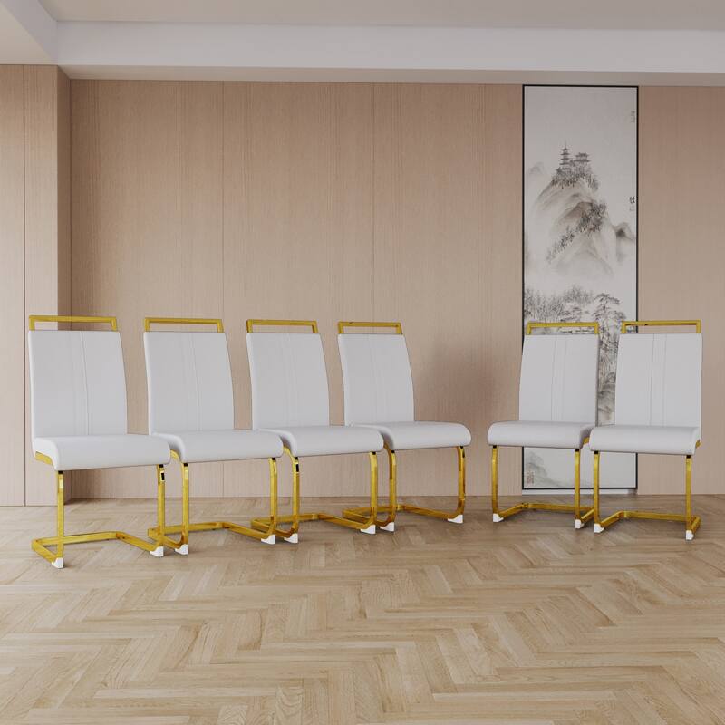 High Back Upholstered Side Chair Office Chair with Metal Legs, Characteristic Dining Chair White Gold Vanity Chair