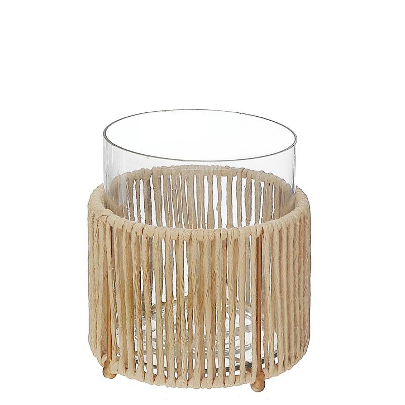 Glass Candle Holder Hurrican With Metal & Raffia Base 6.25"