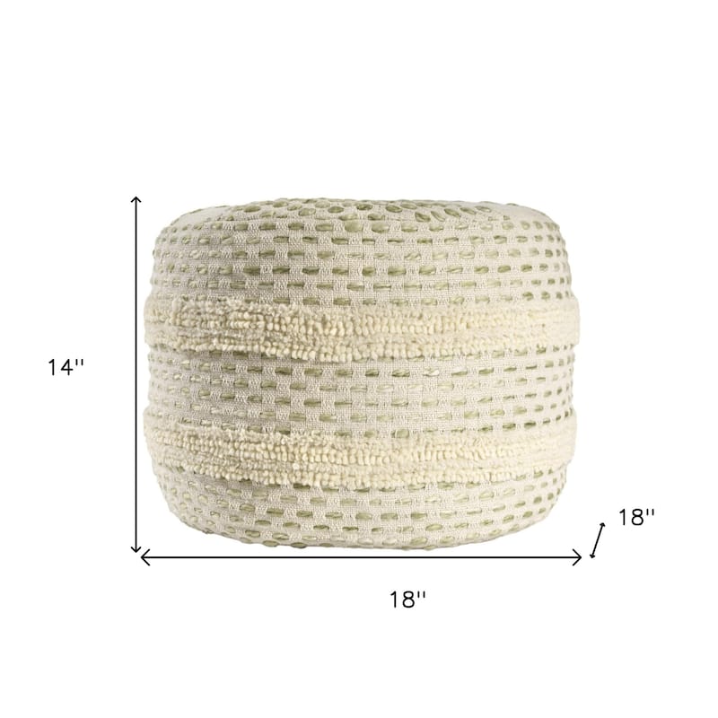18" Ivory and Green Cotton Blend Round Striped Pouf Ottoman