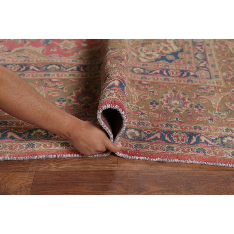 Traditional Pink Mashad Persian Vintage Rug Hand-Knotted Wool Carpet - 9'5"x 12'5"