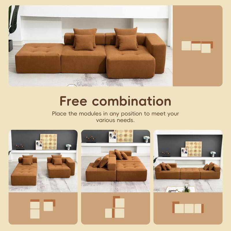 105.5" Corduroy L-Shaped Modular Sectional Sofa with Wide and Deep Seat, Tufted Design, and No Assembly Required