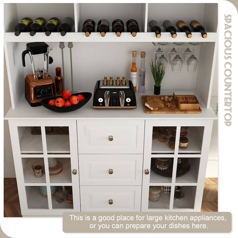 78.9''Pantry Buffet White Buffet with Wine Glass Rack Drawer and Hutch